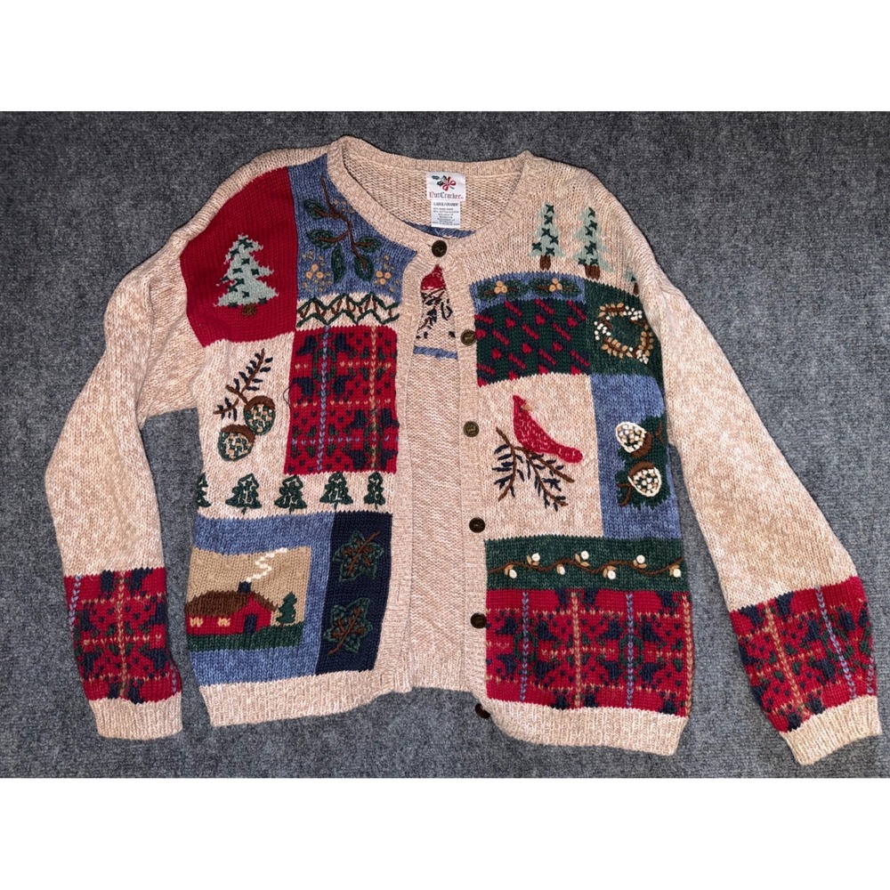 Vintage NutCracker Christmas Patchwork Cardigan Sweater Womens L Cardinal Tree